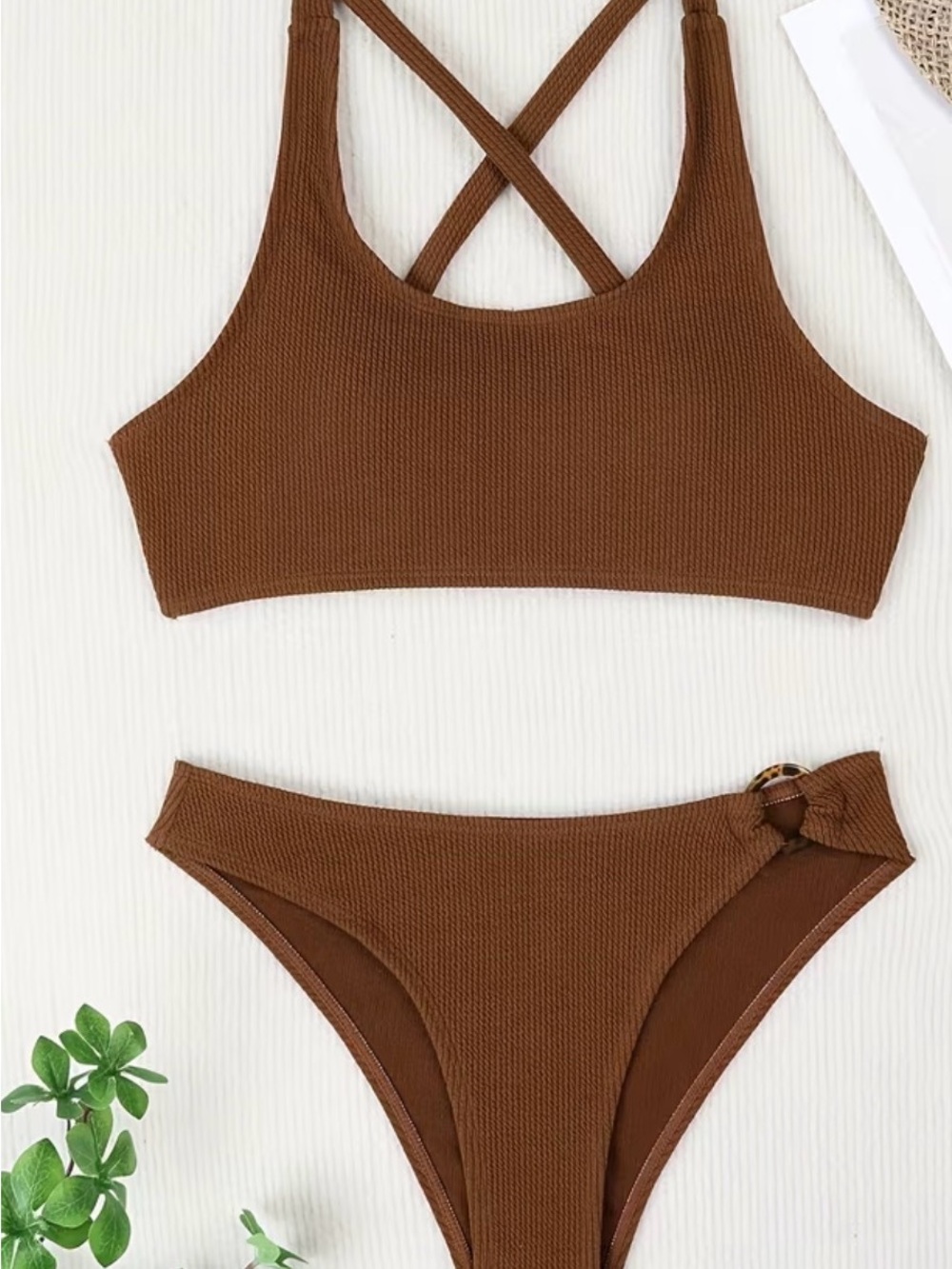 Brown Ribbed Crossback Bikini Set